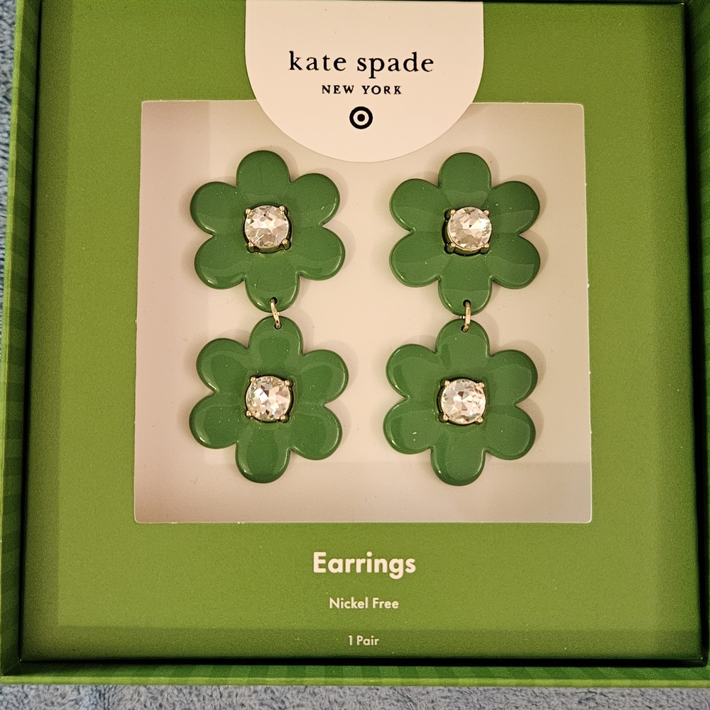 Kate Spade Green Floral Dangling Earrings with Crystal Accents - Picture 2 of 6